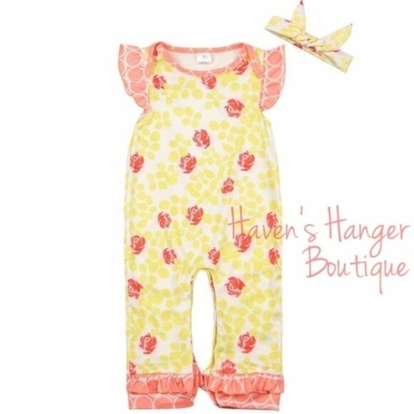 2pc. Roses & Leaves Baby Girl Romper with headband - Picture 1 of 7
